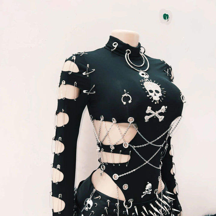 Long sleeve hollow out metal chain skull applique cut out top  | Festival Outfits Women