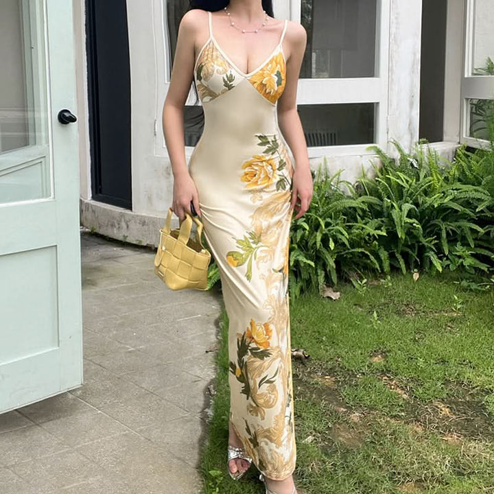 V neck flower print backless cami maxi dress  | Festival Outfits Women