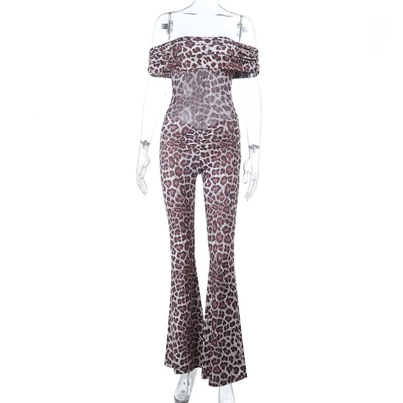 Leopard print off shoulder ruched jumpsuit  | Festival Outfits Women