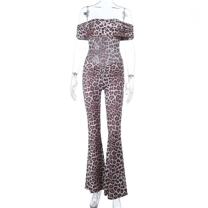 Leopard print off shoulder ruched jumpsuit  | Festival Outfits Women