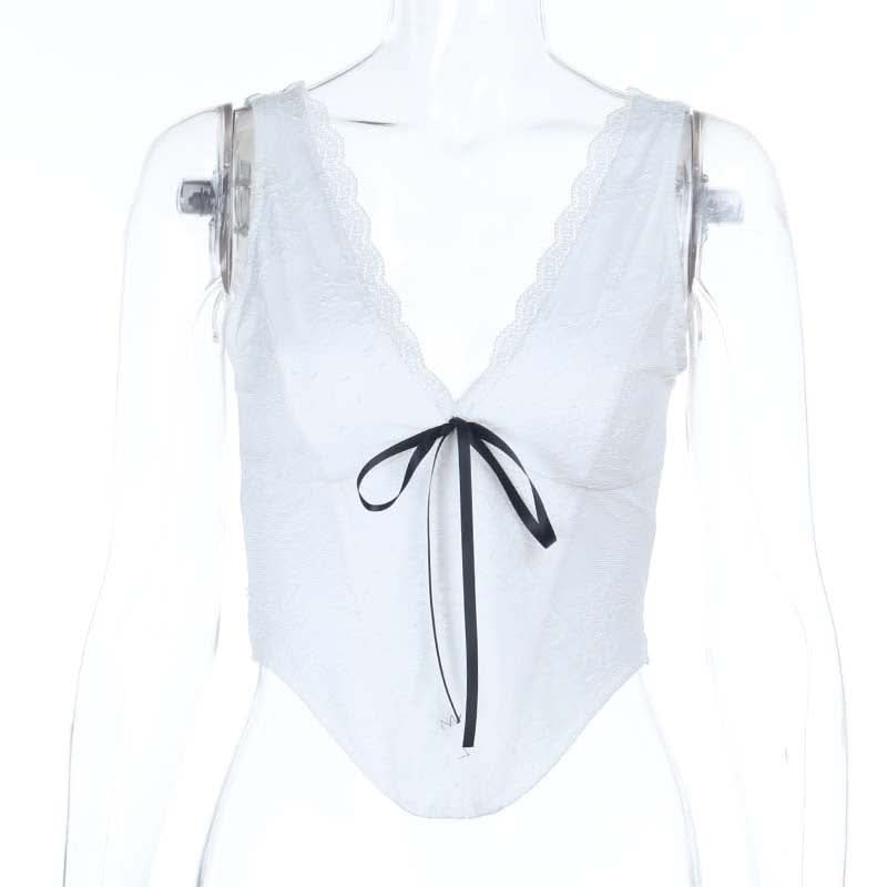 Lace hem v neck corset ribbon tank top  | Festival Outfits Women
