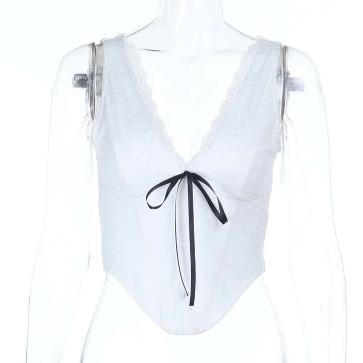 Lace hem v neck corset ribbon tank top  | Festival Outfits Women
