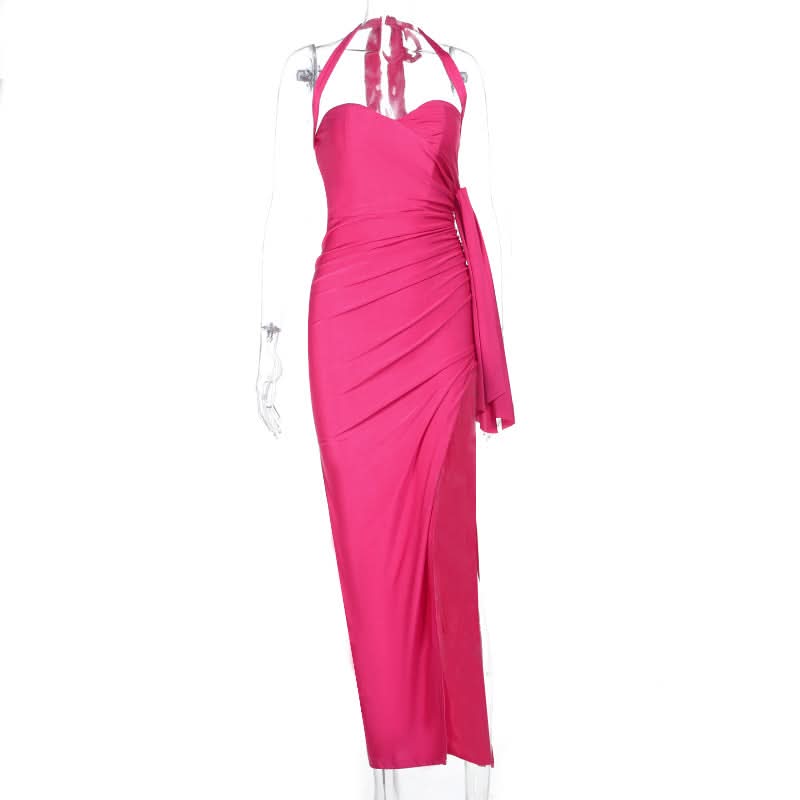 Halter self tie ruched v neck slit maxi dress  | Festival Outfits Women