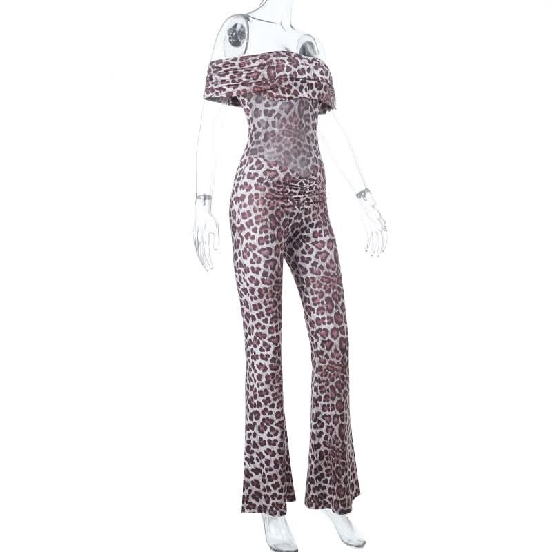 Leopard print off shoulder ruched jumpsuit  | Festival Outfits Women