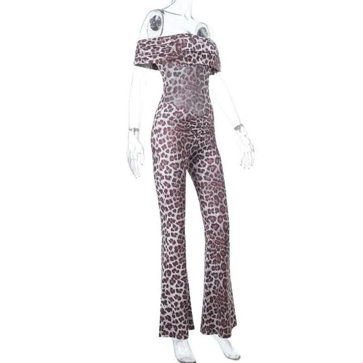 Leopard print off shoulder ruched jumpsuit  | Festival Outfits Women
