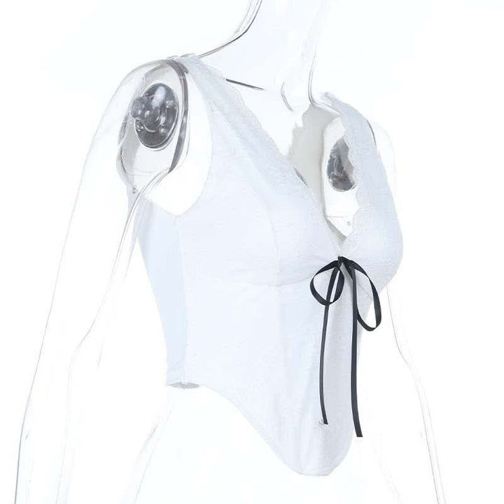 Lace hem v neck corset ribbon tank top  | Festival Outfits Women
