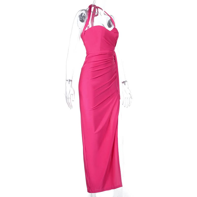 Halter self tie ruched v neck slit maxi dress  | Festival Outfits Women