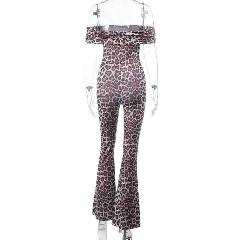 Leopard print off shoulder ruched jumpsuit  | Festival Outfits Women