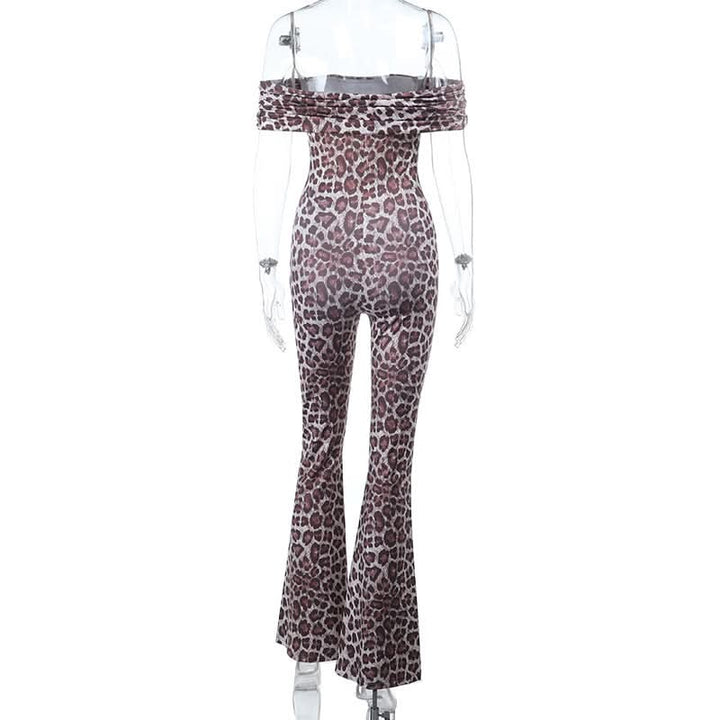 Leopard print off shoulder ruched jumpsuit  | Festival Outfits Women