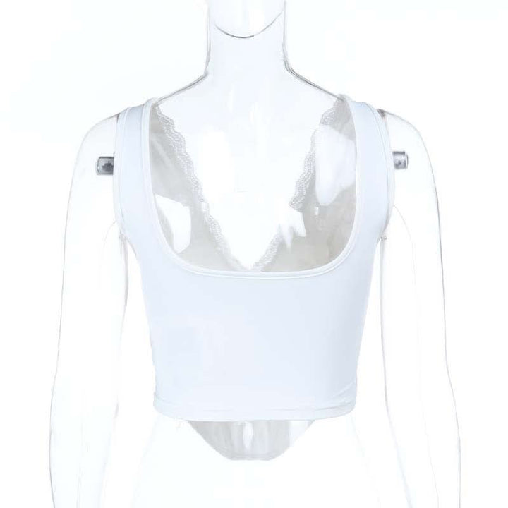 Lace hem v neck corset ribbon tank top  | Festival Outfits Women