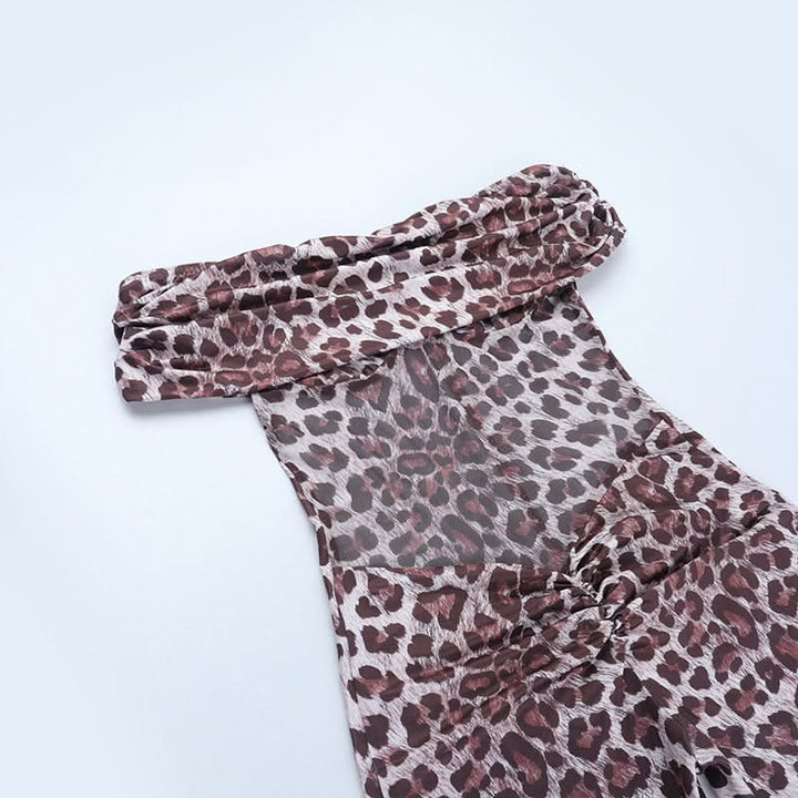 Leopard print off shoulder ruched jumpsuit  | Festival Outfits Women