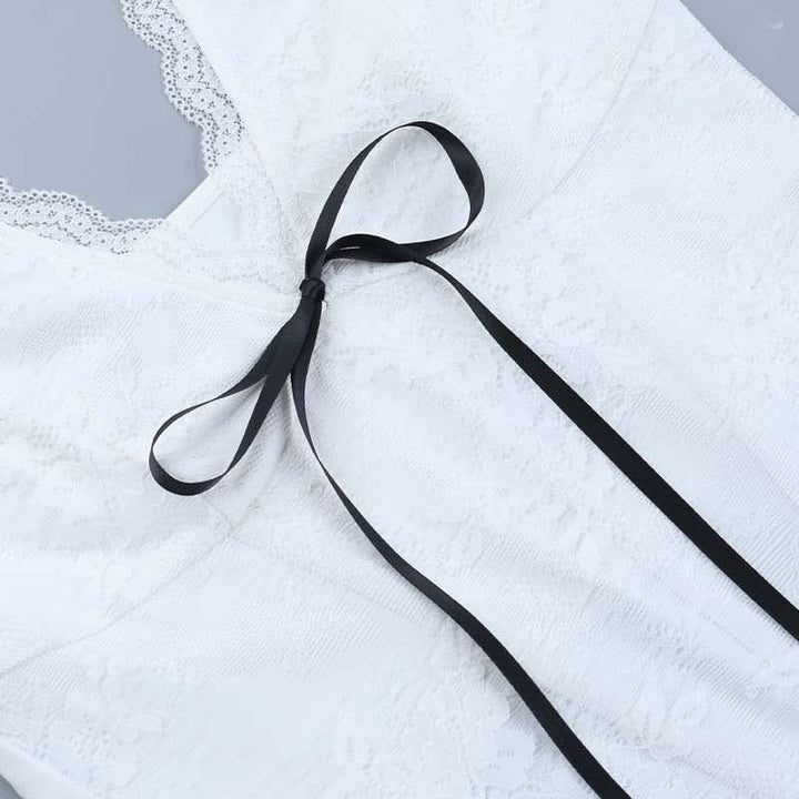 Lace hem v neck corset ribbon tank top  | Festival Outfits Women