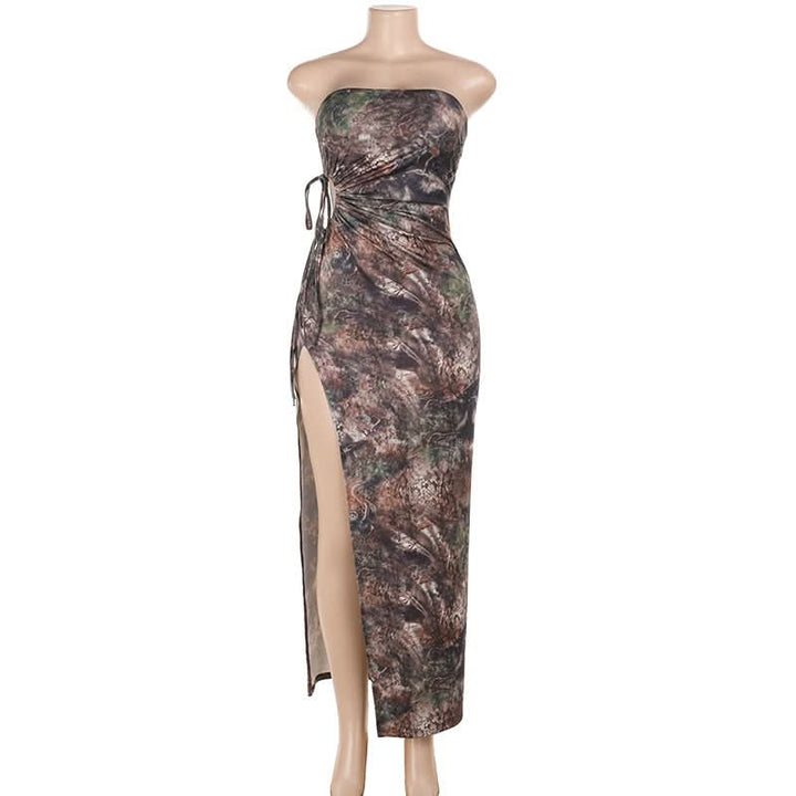 Slit hollow out ruched print tube cut out maxi dress-final-sale