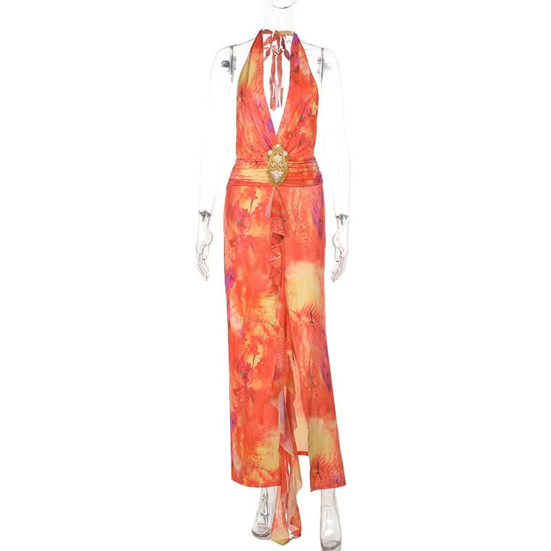 Slit halter self tie v neck print maxi dress  | Festival Outfits Women-final-sale