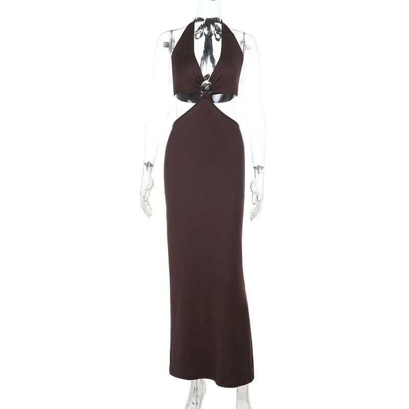 Halter self tie v neck brown maxi dress  | Festival Outfits Women