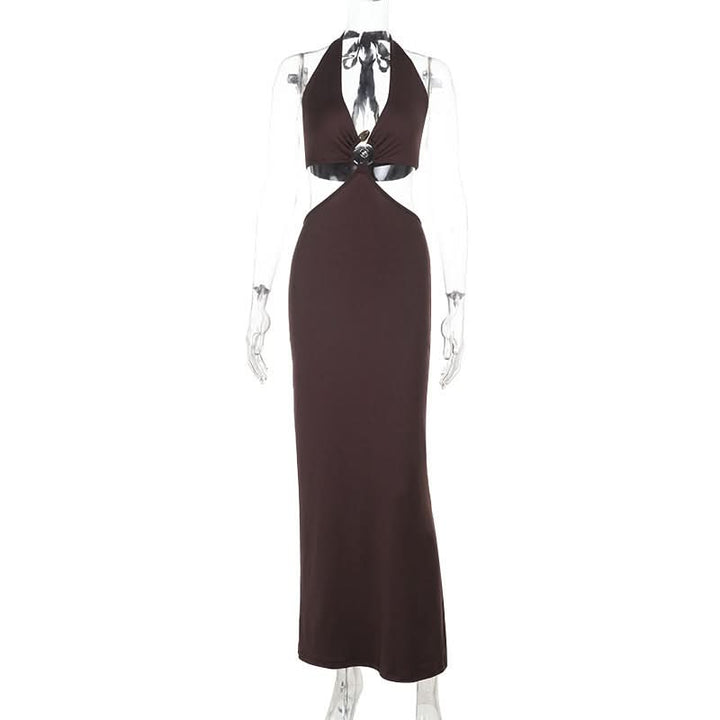 Halter self tie v neck brown maxi dress  | Festival Outfits Women