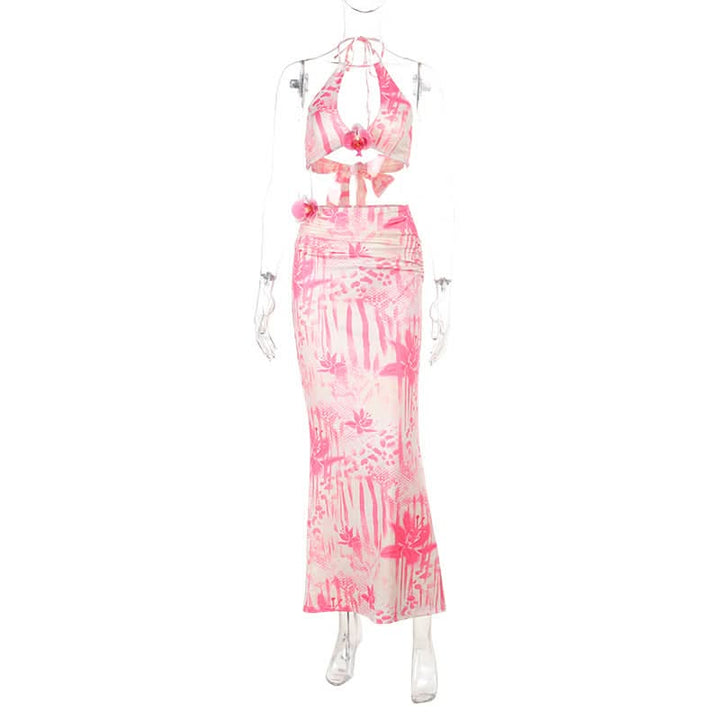 Ruched flower applique print halter maxi skirt set  | Festival Outfits Women-final-sale