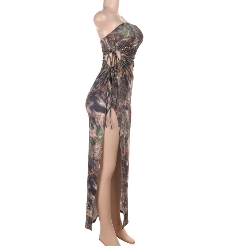 Slit hollow out ruched print tube cut out maxi dress-final-sale