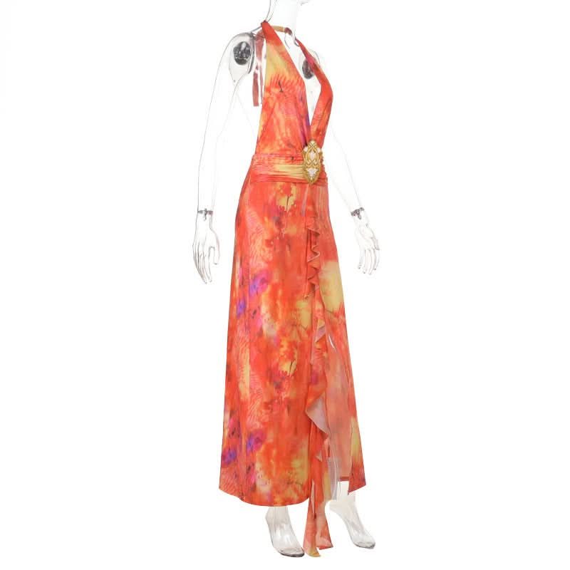 Slit halter self tie v neck print maxi dress  | Festival Outfits Women-final-sale