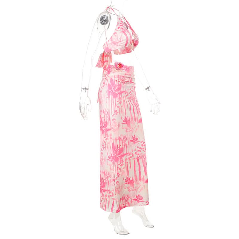 Ruched flower applique print halter maxi skirt set  | Festival Outfits Women-final-sale