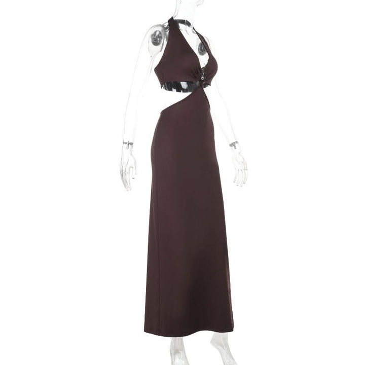 Halter self tie v neck brown maxi dress  | Festival Outfits Women