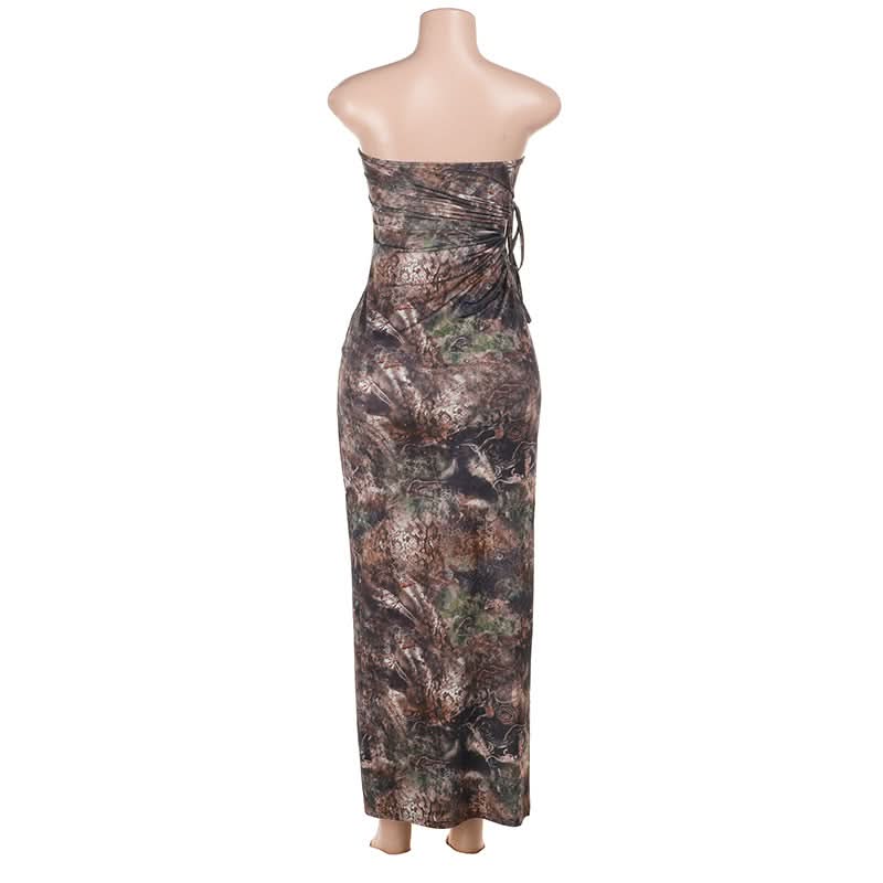 Slit hollow out ruched print tube cut out maxi dress-final-sale