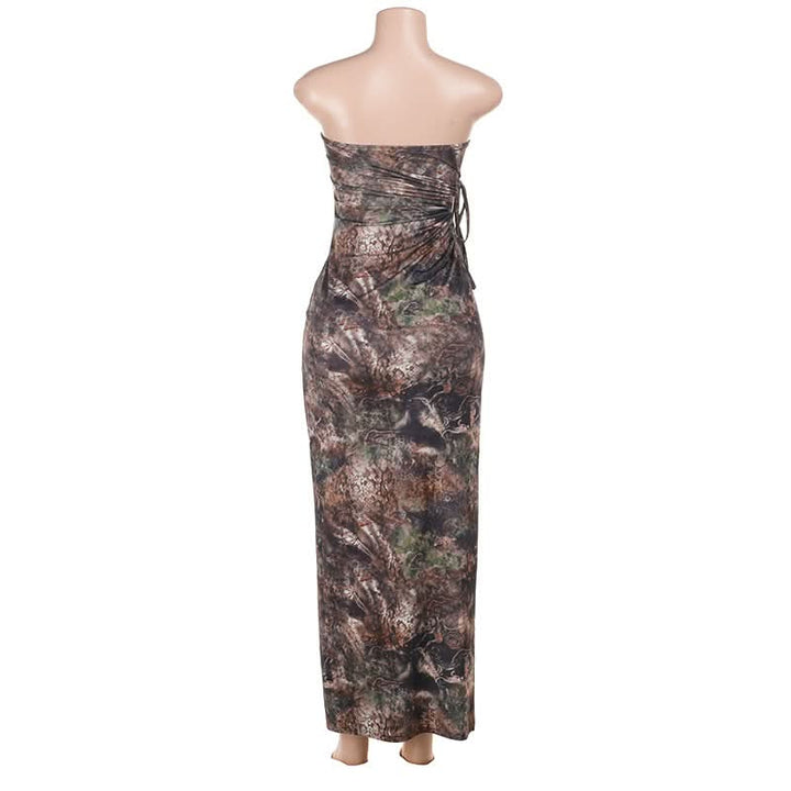 Slit hollow out ruched print tube cut out maxi dress-final-sale