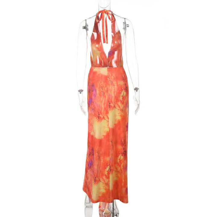 Slit halter self tie v neck print maxi dress  | Festival Outfits Women-final-sale