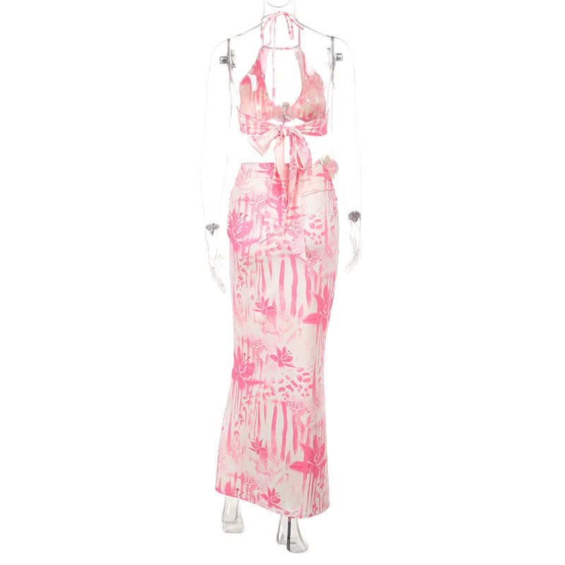 Ruched flower applique print halter maxi skirt set  | Festival Outfits Women-final-sale