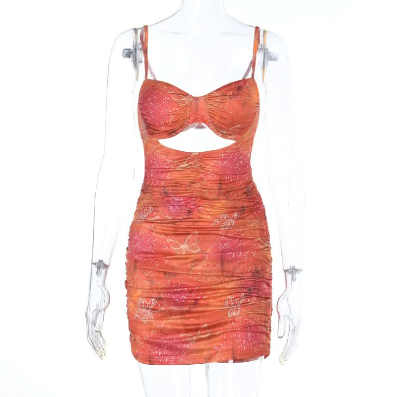 Ruched hollow out v neck print cami cut out mini dress  | Festival Outfits Women