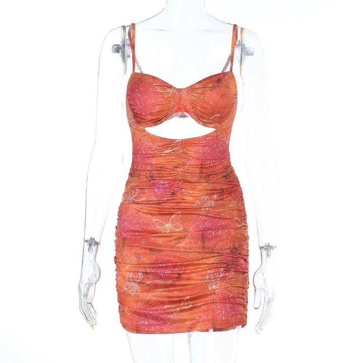Ruched hollow out v neck print cami cut out mini dress  | Festival Outfits Women