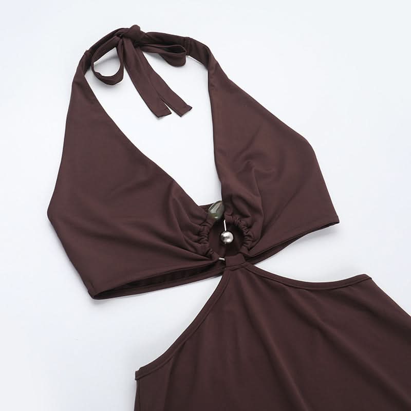 Halter self tie v neck brown maxi dress  | Festival Outfits Women