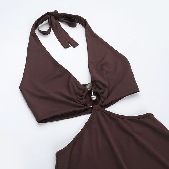 Halter self tie v neck brown maxi dress  | Festival Outfits Women
