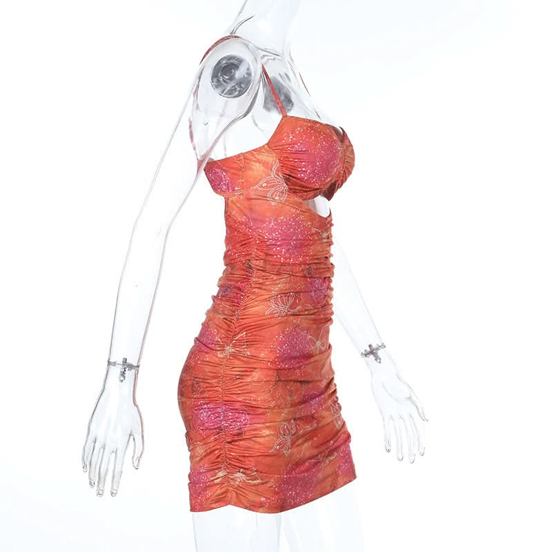 Ruched hollow out v neck print cami cut out mini dress  | Festival Outfits Women