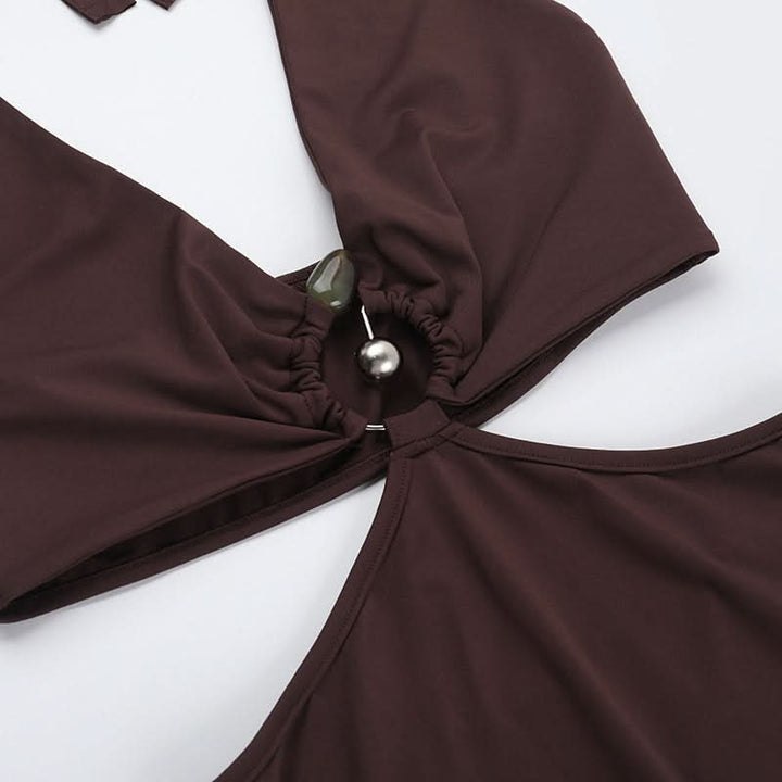 Halter self tie v neck brown maxi dress  | Festival Outfits Women