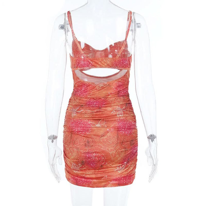 Ruched hollow out v neck print cami cut out mini dress  | Festival Outfits Women