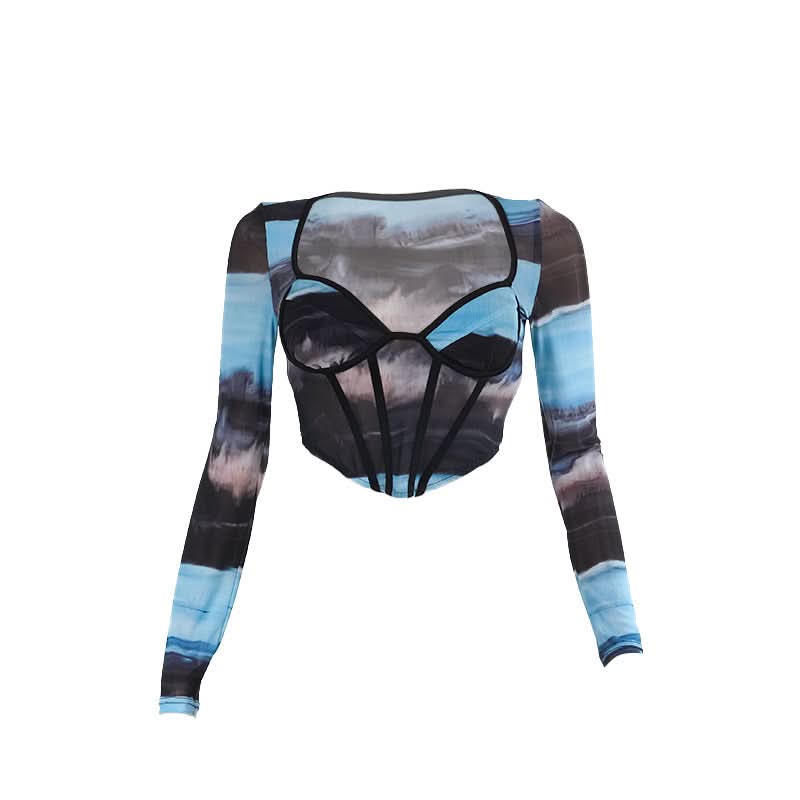 Long sleeve v neck print mesh bustier top  | Festival Outfits Women
