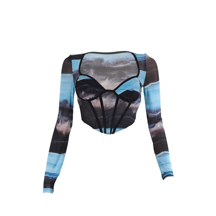 Long sleeve v neck print mesh bustier top  | Festival Outfits Women