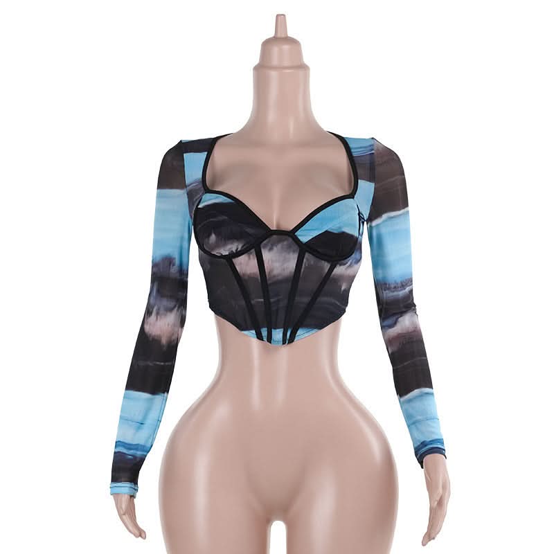 Long sleeve v neck print mesh bustier top  | Festival Outfits Women