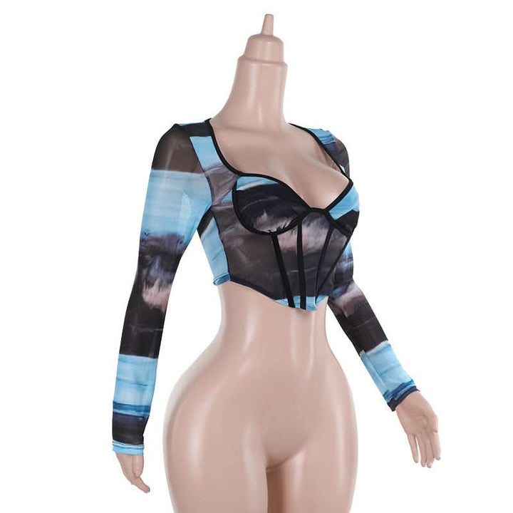 Long sleeve v neck print mesh bustier top  | Festival Outfits Women