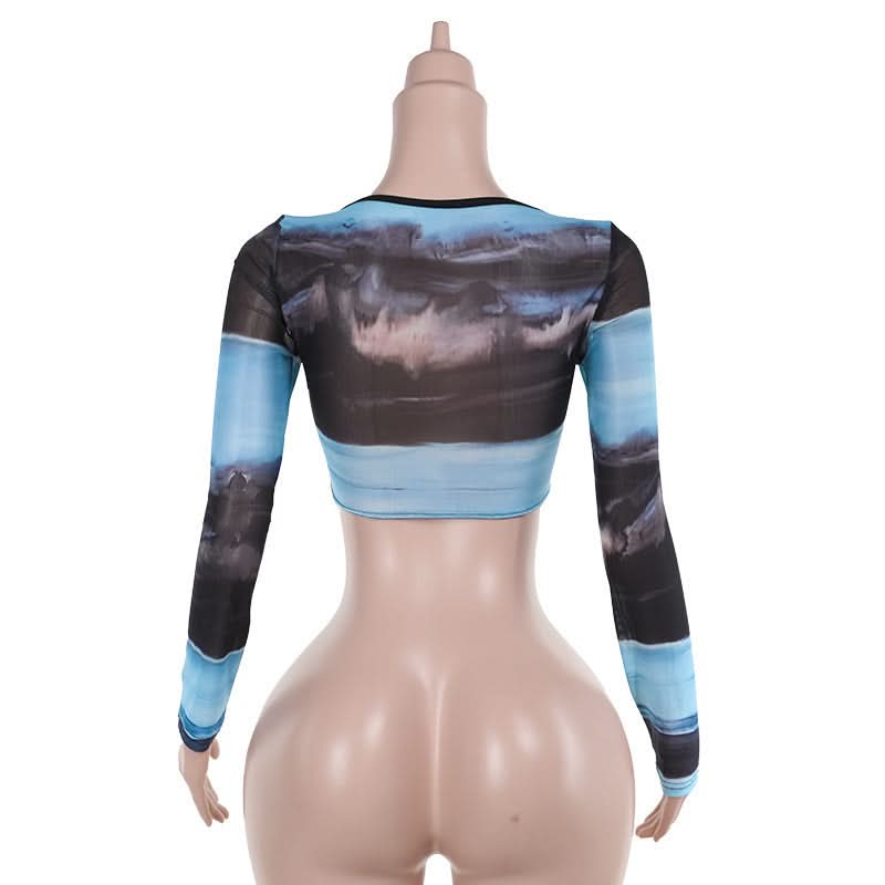 Long sleeve v neck print mesh bustier top  | Festival Outfits Women