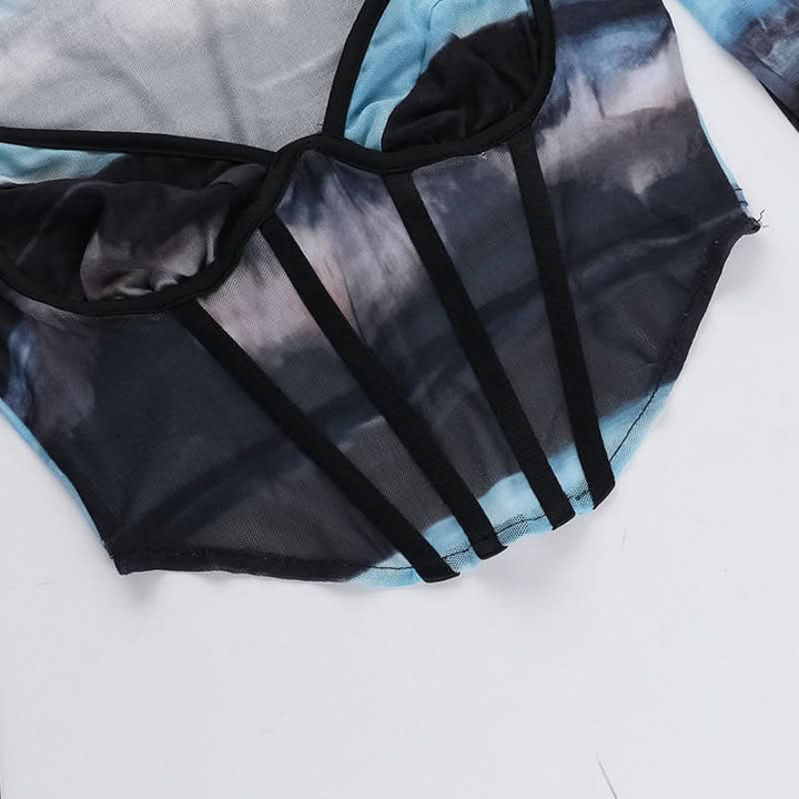 Long sleeve v neck print mesh bustier top  | Festival Outfits Women