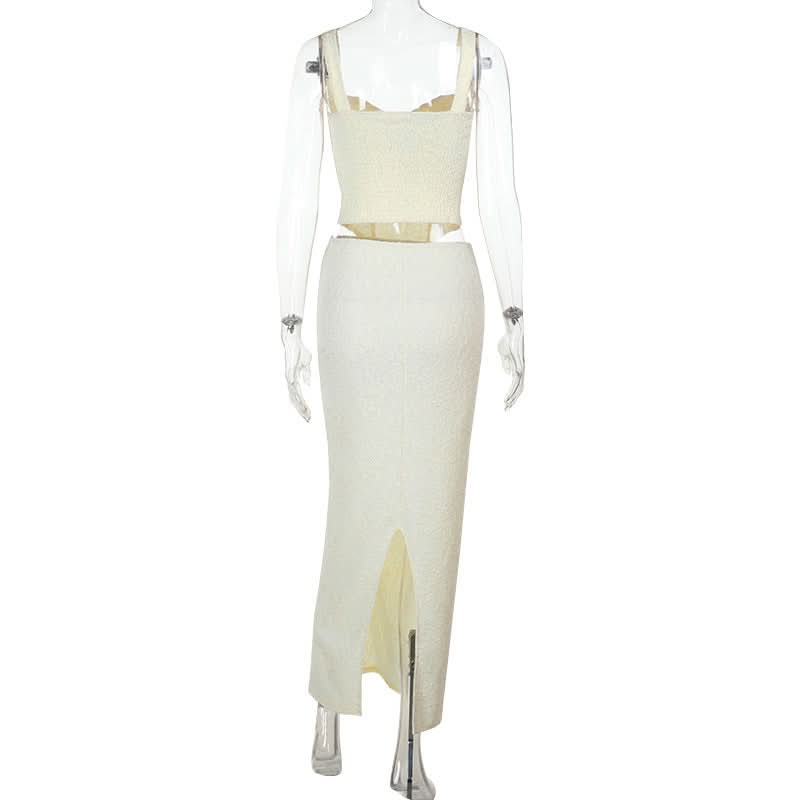 Slit v neck smocked apricot maxi skirt set  | Festival Outfits Women