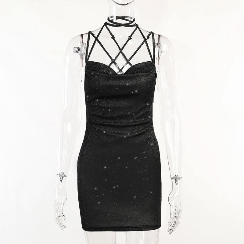Cross back self tie cowl neck cami mini dress  | Festival Outfits Women