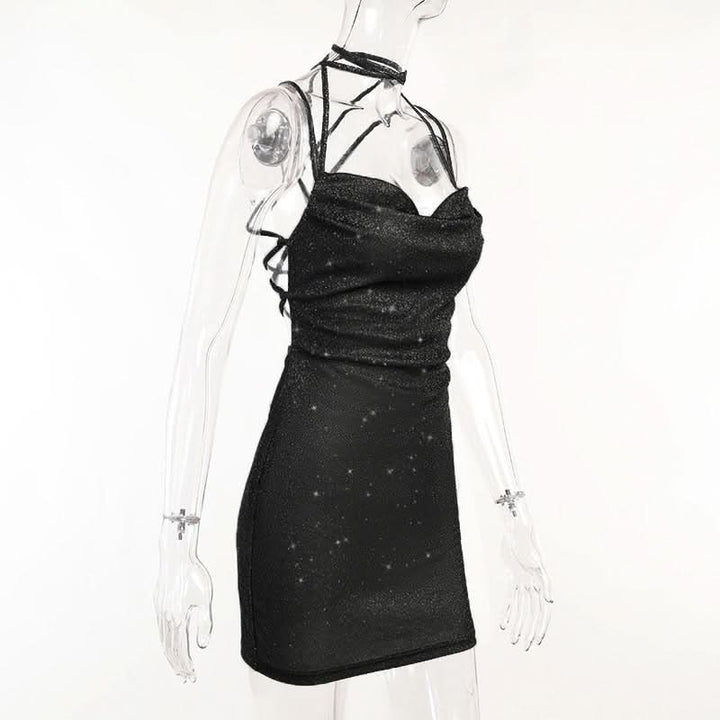 Cross back self tie cowl neck cami mini dress  | Festival Outfits Women