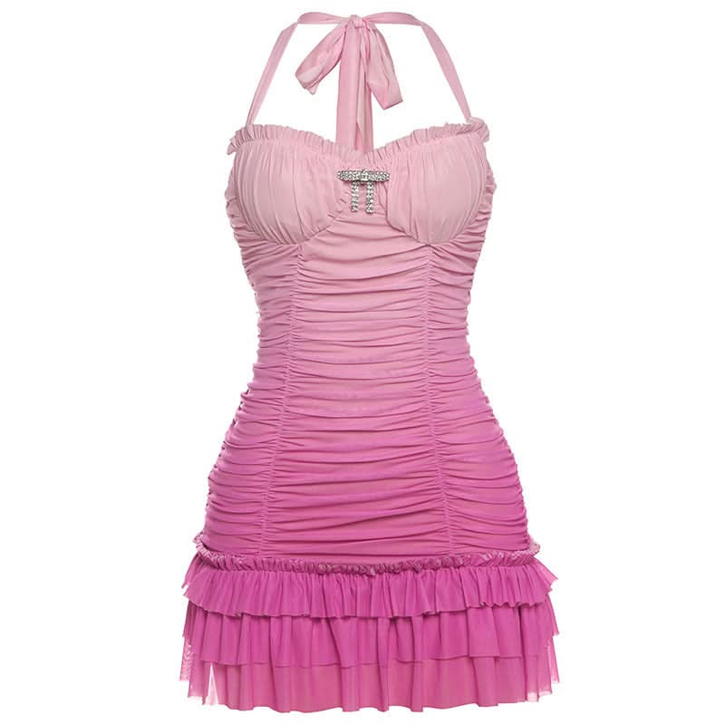 Gradient halter ruched mesh mini dress  | Festival Outfits Women