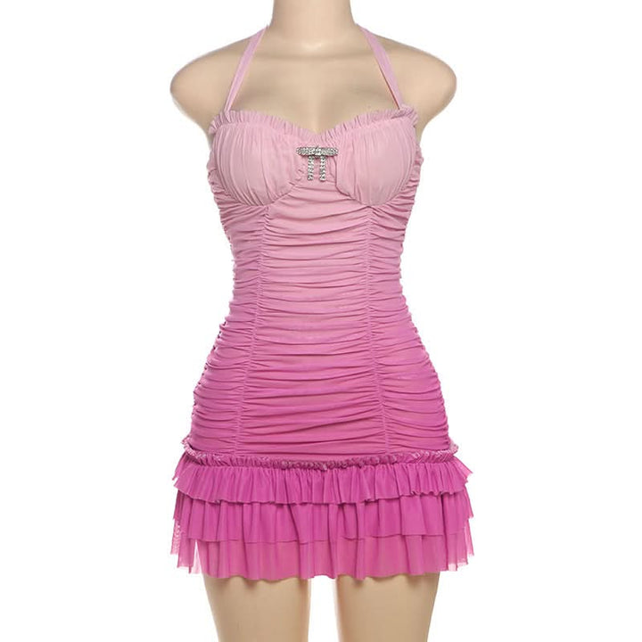 Gradient halter ruched mesh mini dress  | Festival Outfits Women