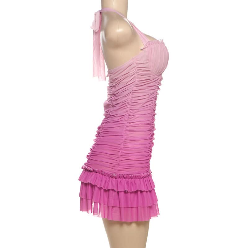 Gradient halter ruched mesh mini dress  | Festival Outfits Women