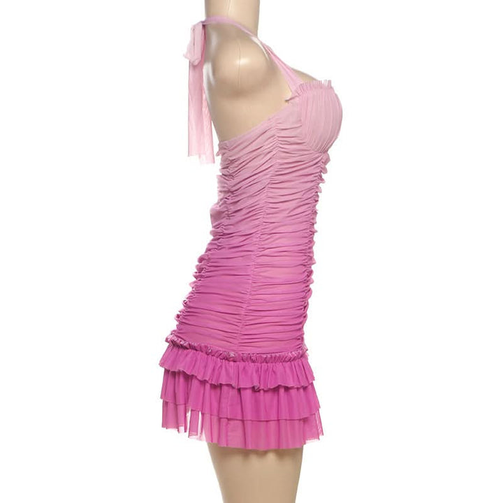 Gradient halter ruched mesh mini dress  | Festival Outfits Women