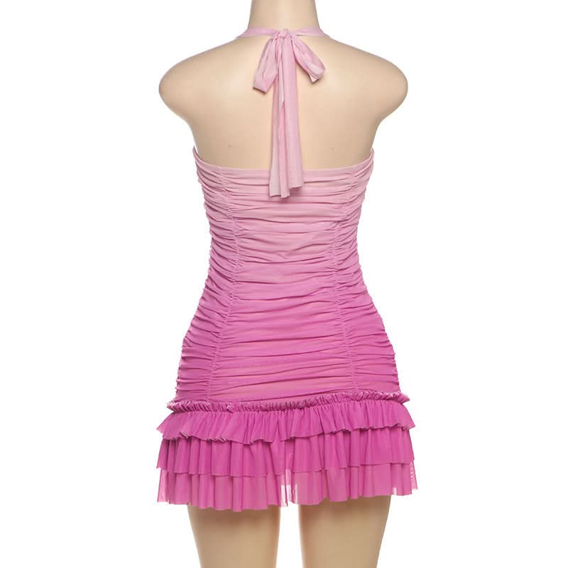 Gradient halter ruched mesh mini dress  | Festival Outfits Women